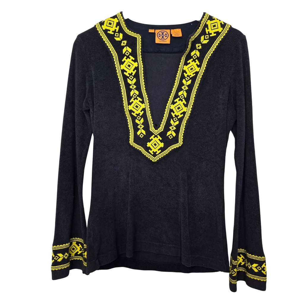 Vintage Y2K Tory Burch Tunic Navy Yellow Embroidered Terry Cover Up Top Small